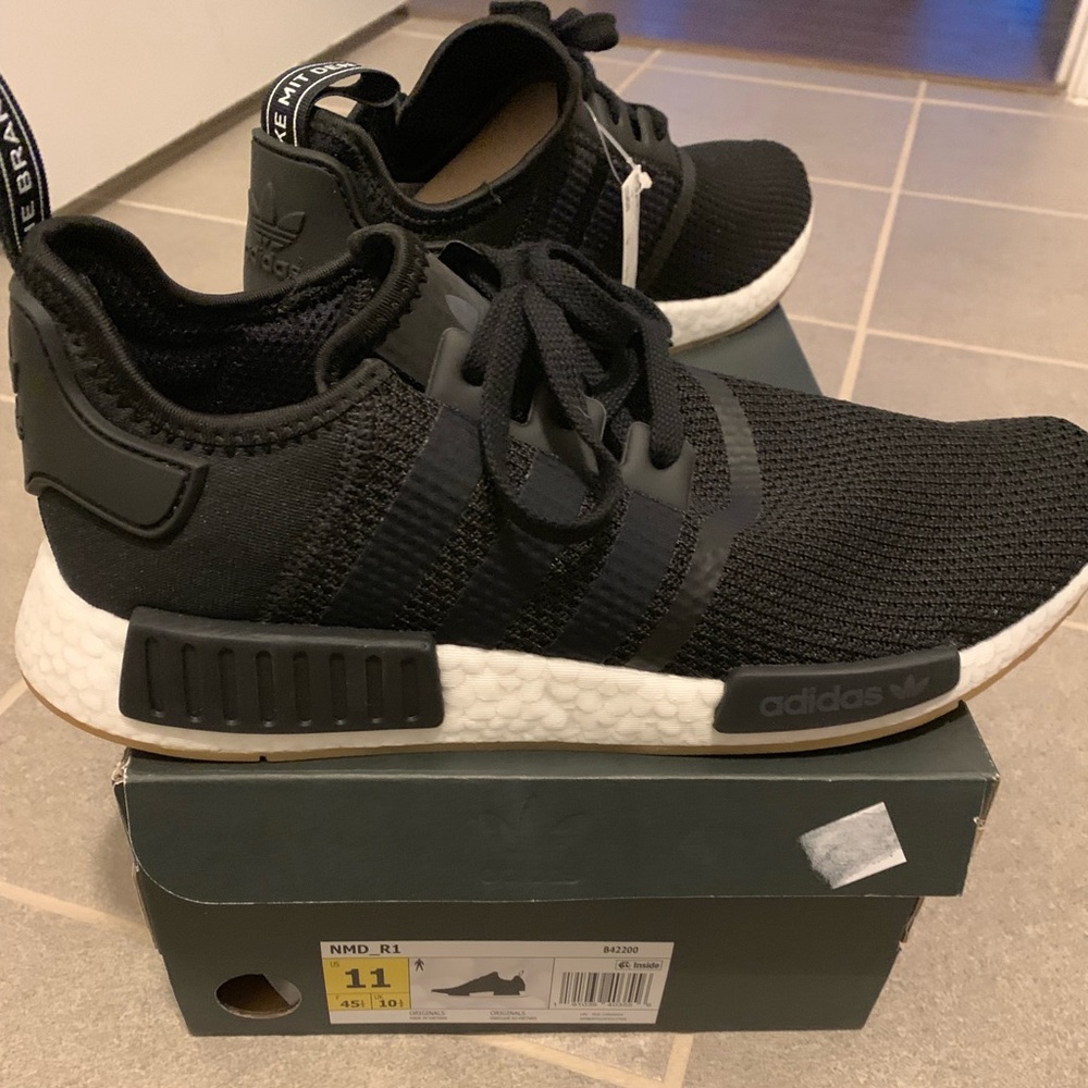 Men’s adidas NMD R1, Black/black/hum, size 11